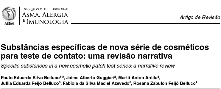 Publicação: Substâncias específicas de nova série de cosméticos para teste de contato: uma revisão narrativa — Arquivos de Asma, Alergia e Imunologia (ASBAI)